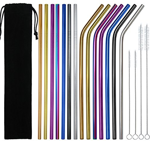 Keriber Lot de 14 pailles en acier inoxydable réutilisables courbées et droites avec 4 brosses de nettoyage et pochette de rangement, 7 couleurs