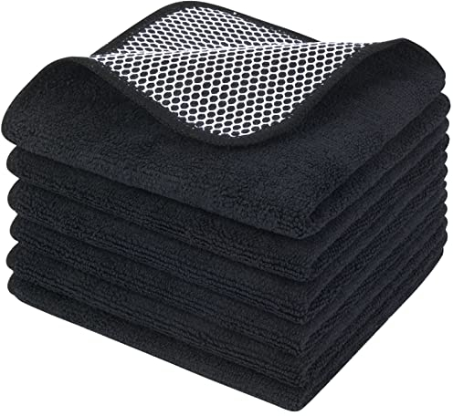 KinHwa Paño de Limpieza de Microfibra Superabsorbente y con Poder de Limpieza Paño de Microfibra Negro Paños de Limpieza duraderos Paño de Microfibra con Lado de Malla para Uso versátil 6 Piezas