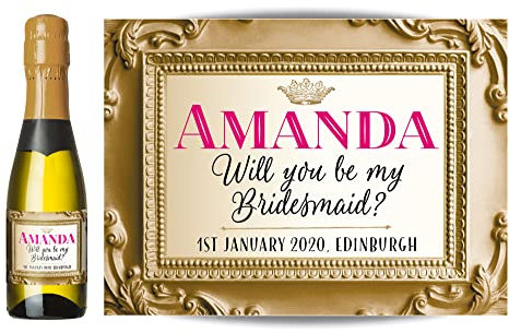 Personalised Label for Mini Champagne or Mini Wine Bottles – Anniversary, Wedding, Engagement, Hen Party, Birthday, Congratulations or Any Occasion You Like (Gold/Pink)