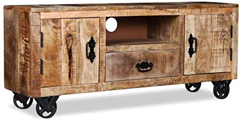 Tidyard Mesa para TV con 4 Ruedas Mueble TV Salón Mesa Televisión Mueble Comedor Soporte de TV Auxiliar Unidad Base Aparador Estilo Industrial y Retro Madera Maciza de Mango Rugosa 120x30x50cm