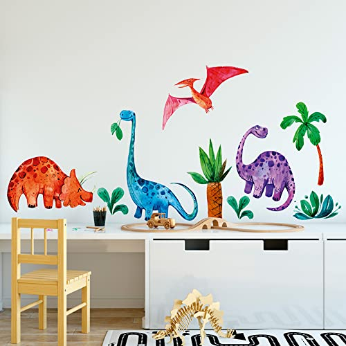 GRAZDesign Wandtattoo Dinosaurier Kinderzimmer, Geschenk zum Geburtstag, Babyzimmer Wandsticker Jungen Dino Deko, Tapete Aufkleber Set Größe 80x57cm - Set Dinos mit Bäumen