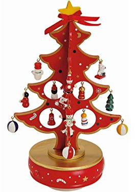 Klassische Spieluhr Spieldose Tannenbaum mit 20 Figuren aus Holz - Weihnachtsdeko Winterdeko - Ø.. x Höhe 29cm (Rot)