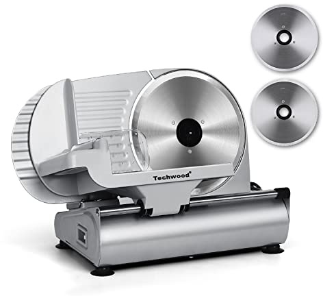 Meat Slicer, Techwood Electric Deil Food Slicer with Removable 9” Stainless Steel Blade, Deli Cheese Fruit Vegetable Bread Cutter with Adjustable Knob for Thickness, Food Carriage & Non-Slip Feet