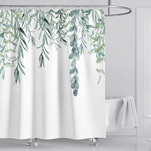 Feuillage Rideau de Douche 3D Feuille Arbre Anti Moisissure Imperméable Tissu Polyester Rideaux de Douche Plante Nature Salle de Bain Lavable en Machine avec 12 Crochet - 180x180 cm Blanc Vert