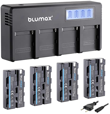 Blumax 4X Akku NP-F550 / NP-F570-3500mAh LG Zellen + LCD 4-Kanal Schnell-Ladegerät | kompatibel mit Sony NP-F530 NP-F960 für Blitzgeräte Videoleuchten Fieldmonitore