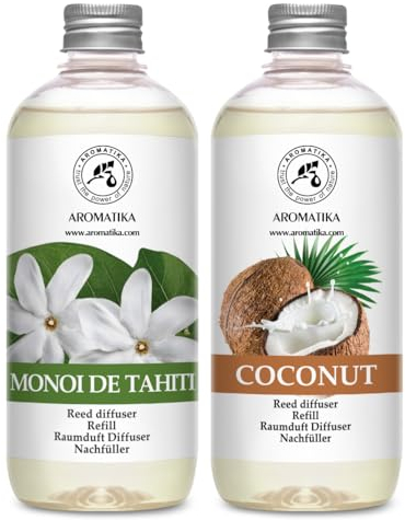 Raumduft Diffuser Nachfüller Monoi de Tahiti & Kokos 1L - 2x500ml - Nachfüller Set für Duftdiffusor - Reed Diffuser Refill - Raumbeduftung - Zimmerduft - Diffuser Nachfüllen - Raumluft