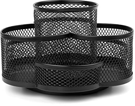 KLEHOPE Schreibtisch Organizer Schwarz, Rotierender Stiftehalter,Stifthalter Schreibtisch, mit Rutschfesten Pads und 7 Fächern, Mesh Metall Büro-Organizer, Geeignet für Schreibtisch aufbewahrung