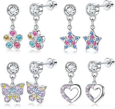 KALVICA 4 Paar Ohrringe Hängend Kinder Mädchen Hypoallergene 316L Edelstahl Schraubverschluss Ohrringe Kinderohrringe mit Blume Schmetterling Herz Bunte Sterne Knorpel Tragus Piercing Ohrringe Set