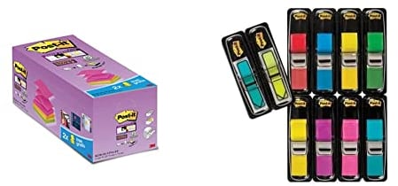 Post-it Super Sticky Z-Notes, Vorteilspackung, Packung mit 14 Blöcken+2 Gratisblöcke, 90 Blatt, 76x76mm, Grün, Gelb, Pink, Blau & Index Small Flags, Vorteilspackung mit 8 Blöcken&2 Pfeilblöcke gratis