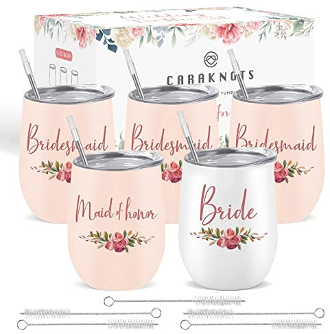 CARAKNOTS Weinglas für Brautjungfern, Brautjungfer, Maid of Honor Weinglas, Set mit 5 Stück, Brautparty, Geschenke für Braut, Brautjungfer, Tassen, Hochzeit, Junggesellinnenabschied, Geschenke für