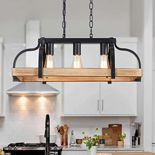 WUZUPS 3-light metal pot colgante araña imitación madera ligera grano lineal colgante techo iluminación rústica granja accesorio cocina isla comedor, h25 x l63 x w30, e27 base, negro