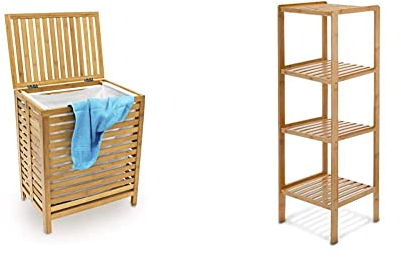 Relaxdays Wäschetruhe, Bambus, Natur & Badregal Bambus, Standregal Badezimmer & Küche, Bambusregal mit 4 offenen Ablagen, HBT 110 x 34 x 33 cm, natur