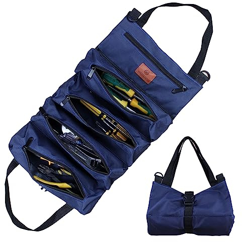 Werkzeug Rolltasche, Canvas Schraubenschlüssel Werkzeugtasche, Mehrzweck Rolltasche mit 5 Reißverschlusstaschen, Ideal für Klempner Handwerker und Elektriker (Blau)