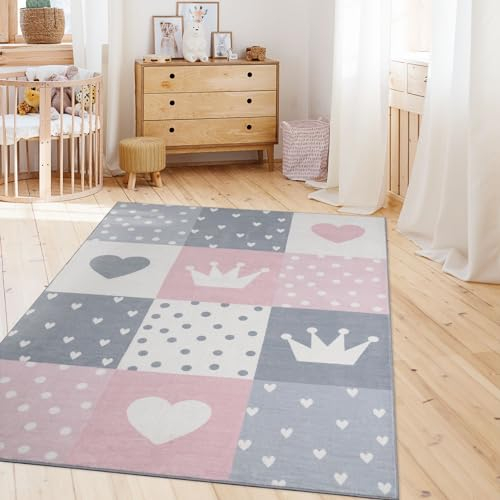 TT Home Kinderzimmerteppich Teppich Junge Mädchen Kinderteppich Baby Herzen Pastell, Farbe:Grau Rosa Beige, Größe:80x150 cm