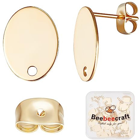 Beebeecraft 40 uds Accesorios para Pendientes Ovalados Poste para Pendientes Chapado En Oro de 24K con Orificio Y 40 Uds. Tuercas para Las Orejas Componentes para la Fabricación de Joyas