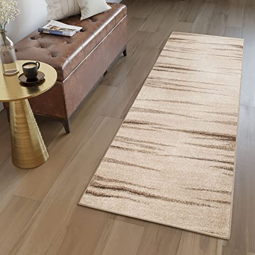 TAPISO Sari Teppich Läufer Flur Meterware Beige Braun Gestreift Modern Kurzflor Küche Wohnzimmer Brücke nach Maß Küchenläufer ÖKOTEX 100 x 390 cm