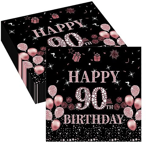 90th Birthday Black Rose Napkins, Black Rose Gold Napkins Birthday for Women, 40Pcs Tableware Party Paper Napkins, 90th Birthday Party Supplies Table Decoration