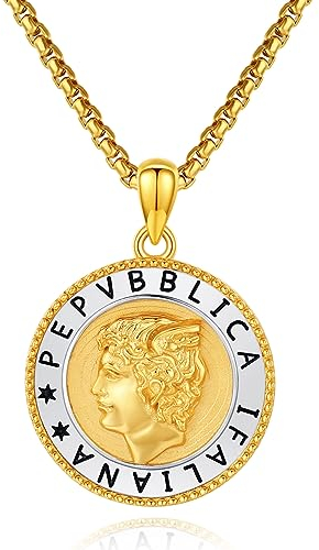 TwoAnts Italienische 500 Lira Kette 925er Sterling Silber Vergoldet Geschnitzte Gold Münzen Anhänger Halskette Wendbar Italienischen Schmuck Geschenke für Damen Herren