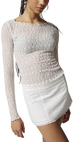 FeMereina Womens Y2K Lace Layering Top Long Sleeve Tops Sheer Mesh Crewneck Floral Embroidery See Through Shirts