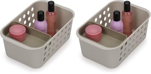 Joseph Joseph EasyStore - Bathroom essentials Storage Basket Organiser with Moveable tray, Small- Ecru (Pack of 2)