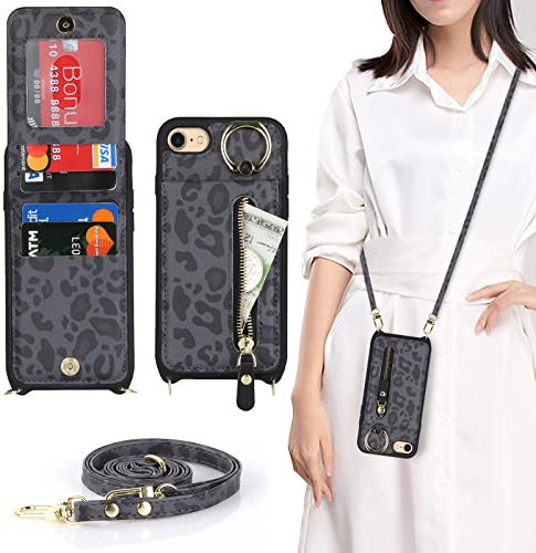 Cavor Handykette Handyhülle Kompatibel mit iPhone 7/8/SE 2020/SE 2022 Hülle Mit Band,Flip Leder Geldborse Hülle,[4 Kartenfach][Mit Ring][Schnalle],Handytasche mit Umhängeband - Schwarz Leopardenmuster