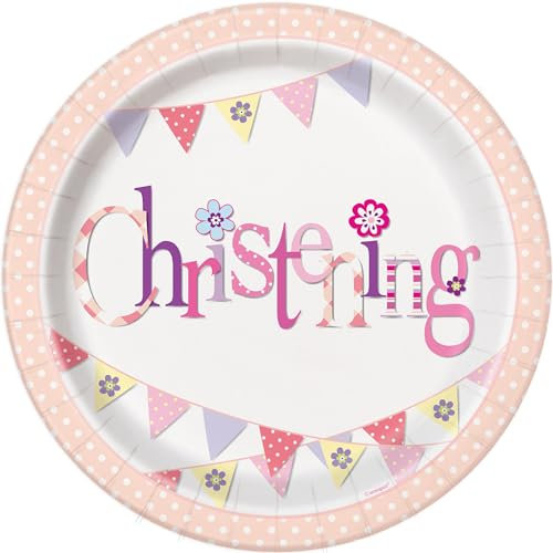 Unique 52035EU - Piatti di carta ecologici, 23 cm, motivo: bandierine rosa, per battesimo, confezione da 8, multicolore
