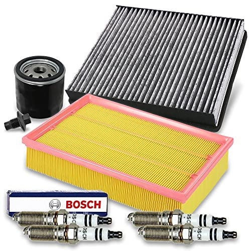 BESTPRICE Inspektionspaket Filterset mit 1x Luftfilter, 1x Innenraumfilter (Pollenfilter) mit Aktivkohle, 4x Zündkerze HR8MCV+, 1x Ölablassschraube mit Dichtung Kompatibel mit FORD FOCUS C-MAX (DM2)