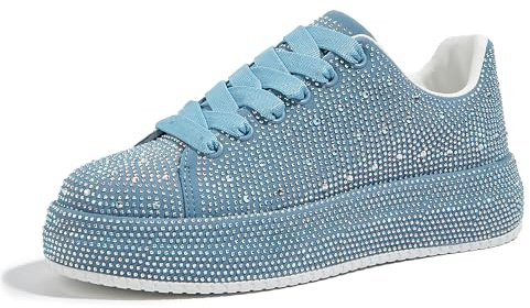 LUCKY STEP Women's Rhinestone Platform Sparkly Trainers | Rhinestone upper, soft fabric lining, cushioned insole, lace-up fit and platform rubber sole for parties and casual looks.