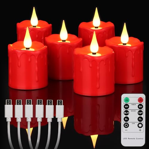 yunsheng Wiederaufladbare Flammenlose LED Teelichter mit Fernbedienung und 4/6H Timer, Wasserdichtes Aufladbare LED Kerzen, 5,1 x 7,6cm flackernde Votivkerzen, 6Stück Rot, Type-C, Heimdekoration