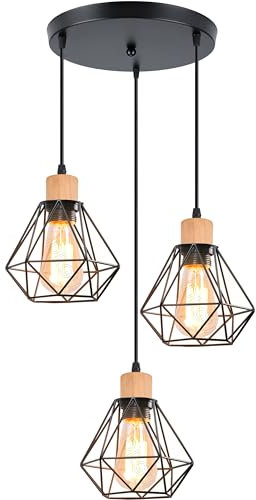 iDEGU 3-flammig Pendelleuchte Schwarz 16cm Industrial Hängelampe aus Metall und Holz Käfig Lampenschirm Kronleuchter E27 Fassung Vintage Hängeleuchte für Esszimmer Küche Wohnzimmer Café (Rondell)