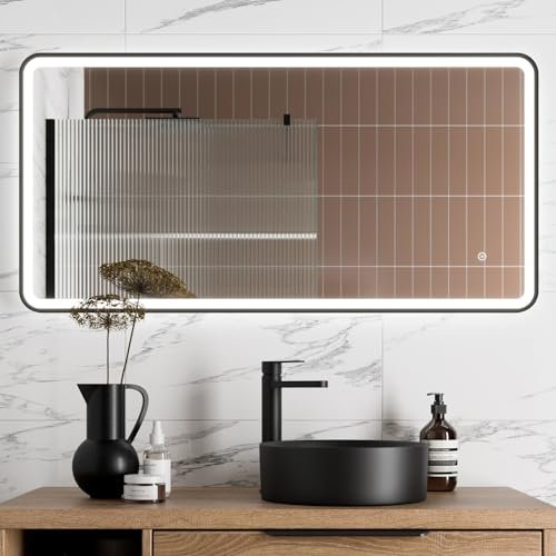 BAYSTONE® 600 x 1200mm Bathroom Mirror with LED Lights Wall Mounted Demister Illuminated Vanity Mirrors for Bathrooms, Mains Powered, Matt Black, Touch Sensor