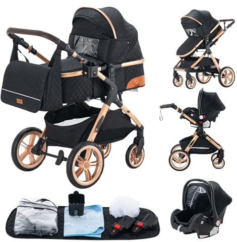 YAZOCO kinderwagen 3 in 1 Buggy Babybett Komplett Set Einem Klick Zusammenklappbarer Kinderwagen, KombiKinderwagen Aluminiumrahmen für Neugeborene Sitzzubehör (5 schwarz)