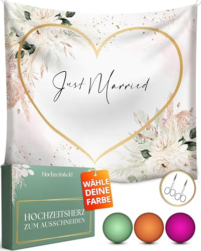 HOCHZEITSHELD - Hochzeitsherz zum Ausschneiden inkl. 2 Scheren als Hochzeitsdeko, Hochzeitsspiel oder Standesamt Überraschung - Hochzeitslaken, Hochzeit Laken Herz, Bettlaken, Hochzeitstuch 200x180cm