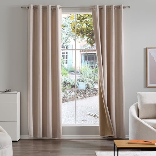 Como Gardinen 2er Set Vorhänge Beige 245 x 134 cm Leinen-Optik Blackout verdunkelnd - Blickdichte Ösenschals aus Polyester für Wohnzimmer Kinderzimmer Schlafzimmer Büro