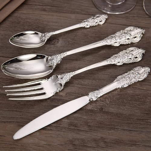 Palace Silberbesteck-Set für 12 Personen, 48-teilig, luxuriös, elegant, geprägter Griff mit durchbrochenem Design, Geschirr-Set aus 18/10 Edelstahl, Besteck-Utensilien-Sets für Zuhause und Restaurant