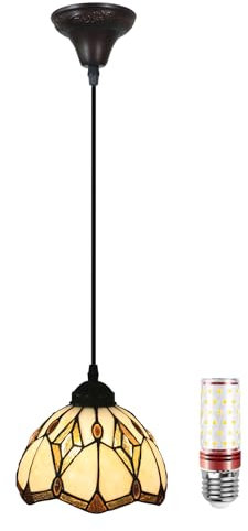 Uziqueif Tiffany Pendant Light, 8 Zoll Deckenlampe Wohnzimmer Hängend, Höhenverstellbar Pendelleuchte Esstisch, Glas Lampenschirm, Hängelampe für Esszimmer, Wohnzimmer, Schlafzimmer