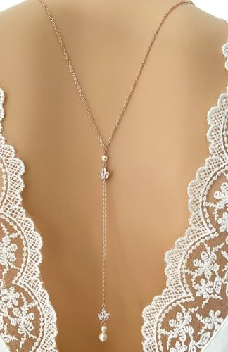 Collier de dos pour mariée, chaîne laiton couleur or rose, motif feuille strass et perle ivoire de fabrication française