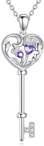 POPLYKE Schottische Distel Schlüssel Halskette für Frauen Sterling Silber Schlüssel Halskette Schottische Distel Anhänger lila Blume Schmuck für Frauen