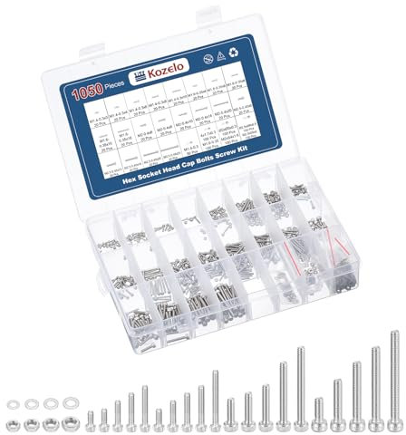 Kozelo 1050pcs Socket Head Cap Screws Bolts Nuts Assortment Kit - [M1.4/M1.6/M2/M2.5] 304 Stainless Steel Allen Socket Drive for 3D Printer, with Wrench