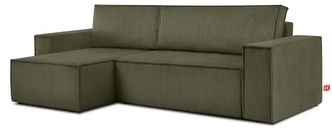Konsimo Napi Ecksofa - Ecksofa mit Schlaffunktion und Bettkasten - Eckcouch mit Schlaffunktion - Sofa - Sofabezug Ecksofa L Form - Universal Eckcouch - 262 cm - Olive