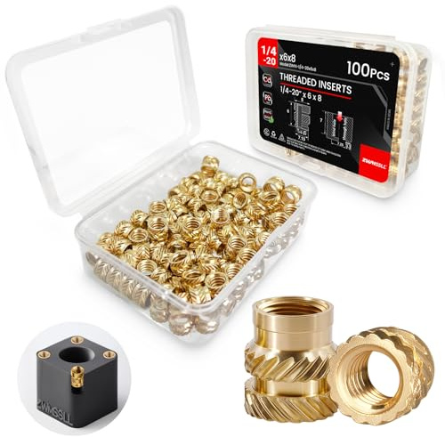 ZWMSSLL 1/4-20 Gewindeeinsätze-100 Stück 1/4-20 x 6 x 8 Heat-Set-Einsatz Messing Knurled Muttern für 3D-Druckkomponenten und Kunststoffteile