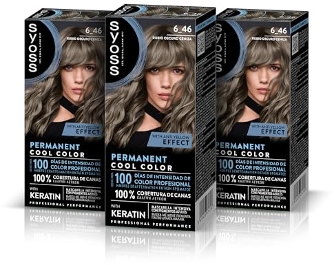 Syoss Permanent Color Tono 6.46 Rubio Oscuro Ceniza, Tinte para Pelo Mujer, Cobertura Profesional de Canas, Color Duradero y Cuidado Profundo, Incluye Mascarilla Intensiva con Keratina, Pack de 3