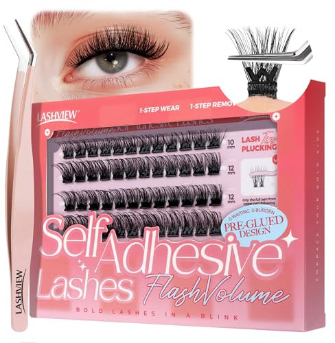 LASHVIEW Selbstklebende Wimpern, 3 Sekunden zum Aufsetzen, Super-Portabilität Einfach für Einsteiger. 24-Stunden-Halt, Ideal für Jeden Anlass 72 Stück 10-16 mm (Z02)