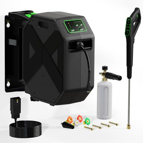 Zelonpro Lavadora a presión montada en la pared, 5000 PSI 3.2 GPM, lavadora eléctrica con manguera retráctil de 100 pies, cable de alimentación GFCI, cañón de espuma, 5 boquillas para automóvil