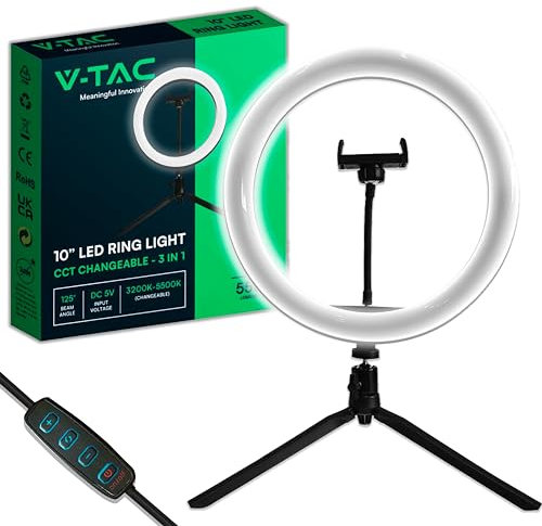 V-TAC Anillo de Luz de Mesa Regulable para Selfies, Videos, Fotos, TikTok – Aro de Luz Lámpara LED para Smartphone con 3 Modos de Iluminación – Trípode y Control Remoto para Instagram y Youtube