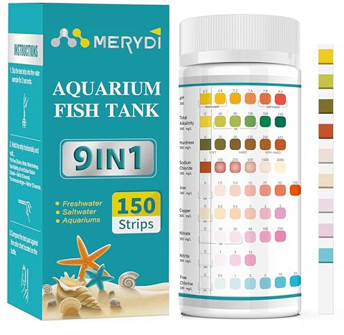 Aquarium Test Strips, 9 in 1 Fish Tank Test Kit for Freshwater Ponds, 150 ct Quick & Accurate Water Testing Iron Copper Sodium Chlorine Nitrate Nitrite Total Alkalinity Hardness Free Chlorine pH
