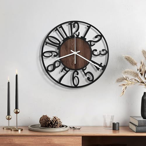 Maxstar Wall Clock Batterie betrieben, leise, Nicht zu tun, Moderne rustikale Metallrunde für Wohnzimmer/Schlafzimmer/Büro/Küche/Bauernhaus Wohnkultur 10 Zoll (Brown-Wood)