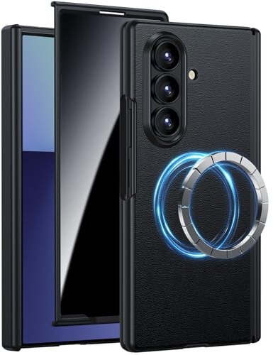 spoovcto for Galaxy Z-Fold-7 Leather Case: Military Grade Magnetic Hinge Protection, Privacy Screen Protector, Fit for MagSafe Wireless Charging, Shockproof Magnet Phone Cover for ZFold 7 Case, Black