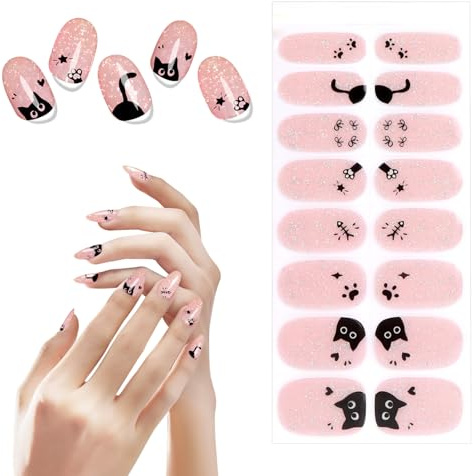 MOTIBACK Nagelsticker Katze - Rosa Nagelsticker Selbstklebend 16 Stück Gel-Nagelsticker UV-härtend Dekorative Nagel-Design-Accessoires Für Frauen und Mädchen