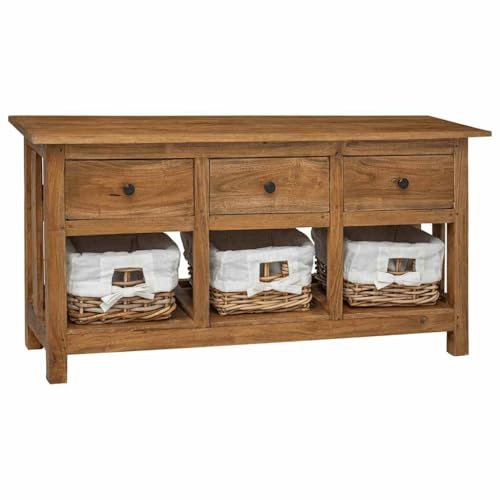 Qnhdfrt Massives Mahagoni Sideboard 100x30x50 cm Vintage Landhausstil mit 3 Schubladen und 3 Rattankörben Robuster Aufbewahrungsschrank für Wohnzimmer Küche Flur